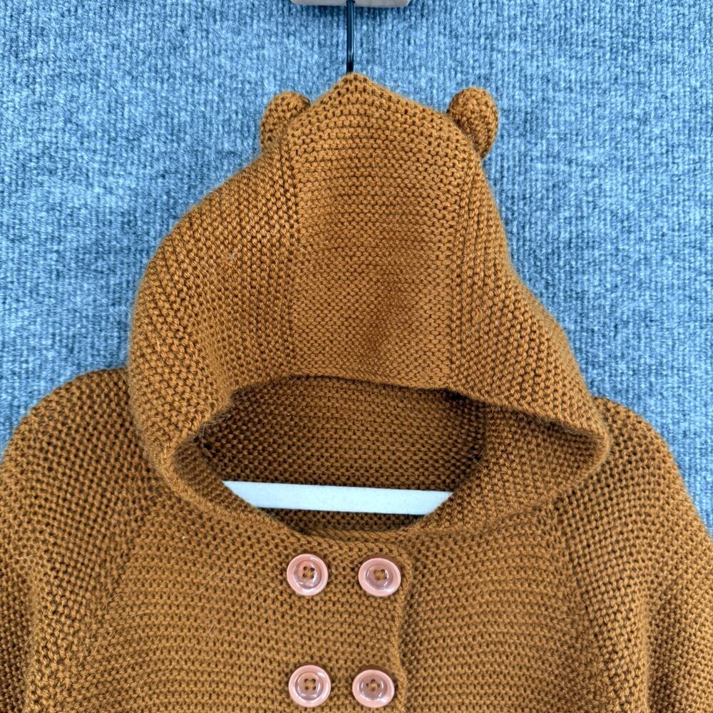 Hand Knit Hooded Cardigan Sweater Size 3/4 Brown Bear Ears Neutral Minimalist - Picture 2 of 8